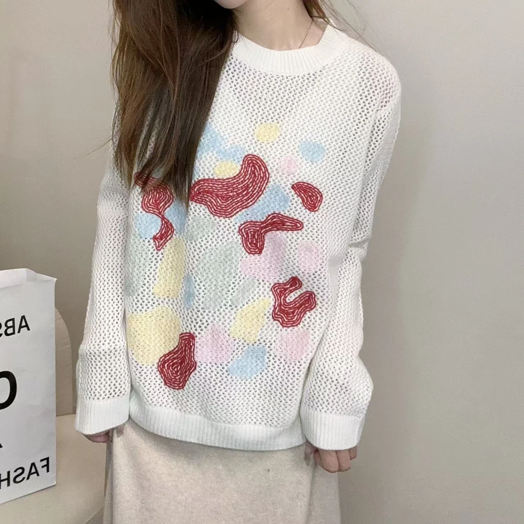 【俩月羊绒】轻奢241331-100羊绒慵懒风时尚拼色镂空针织套头衫