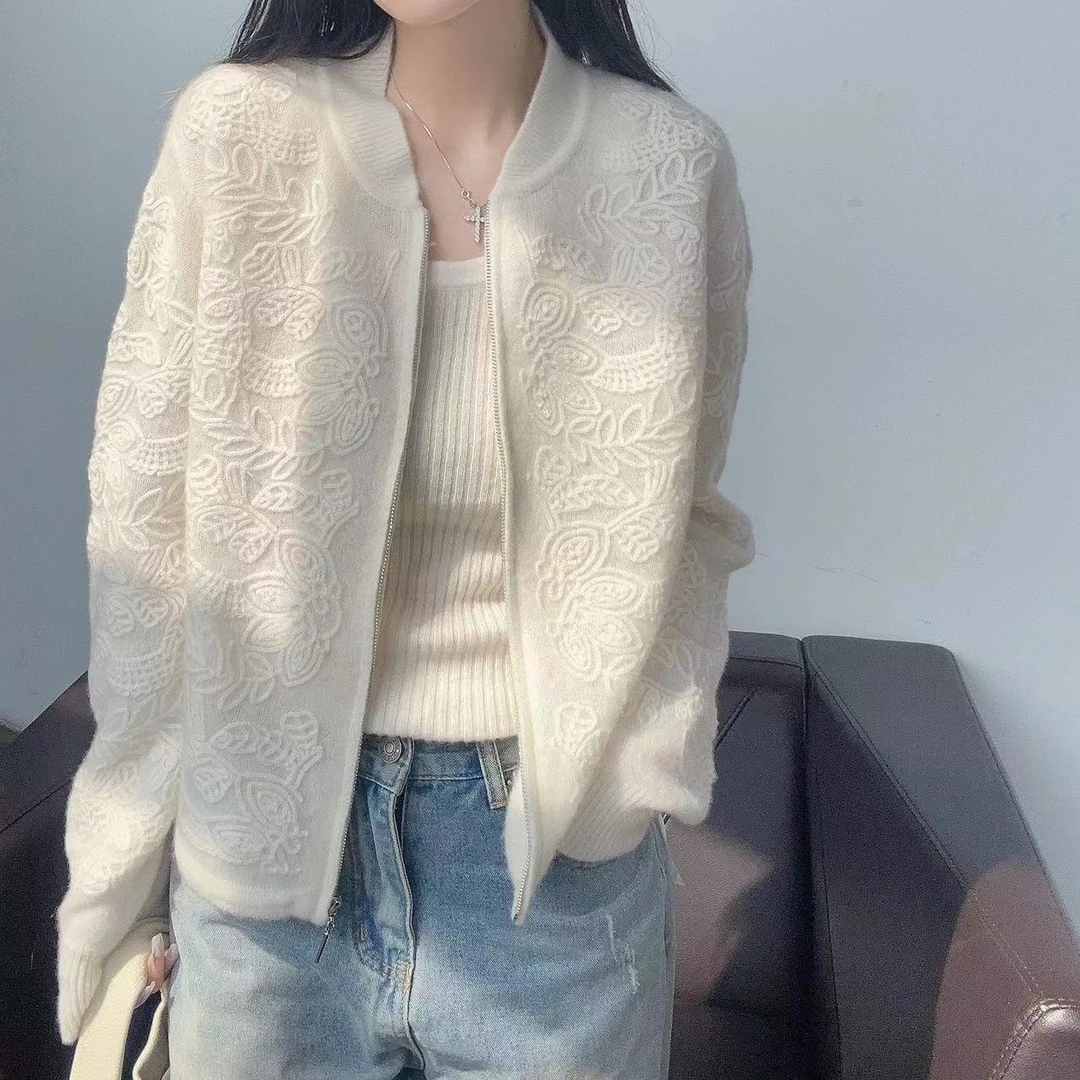 【俩月羊绒】100山羊绒230970-新中式镂空手工钩花针织拉链羊绒开衫