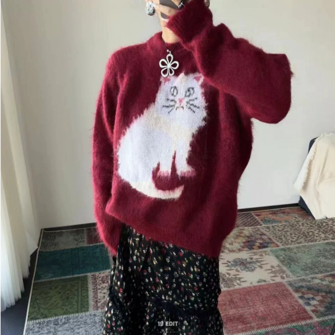 【俩月羊绒】轻奢241716-100羊绒慵懒风时尚提花针织套头衫