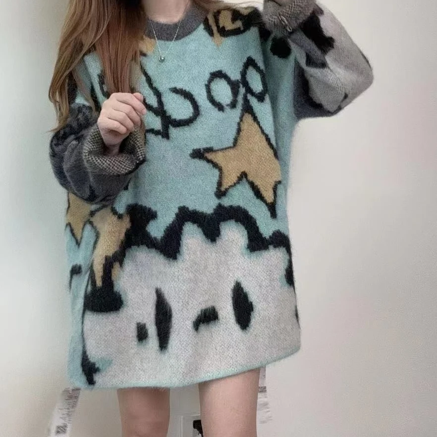 【趣味涂鸦】241710韩式个性款星星厚款圆领羊绒衫宽松时尚百搭款