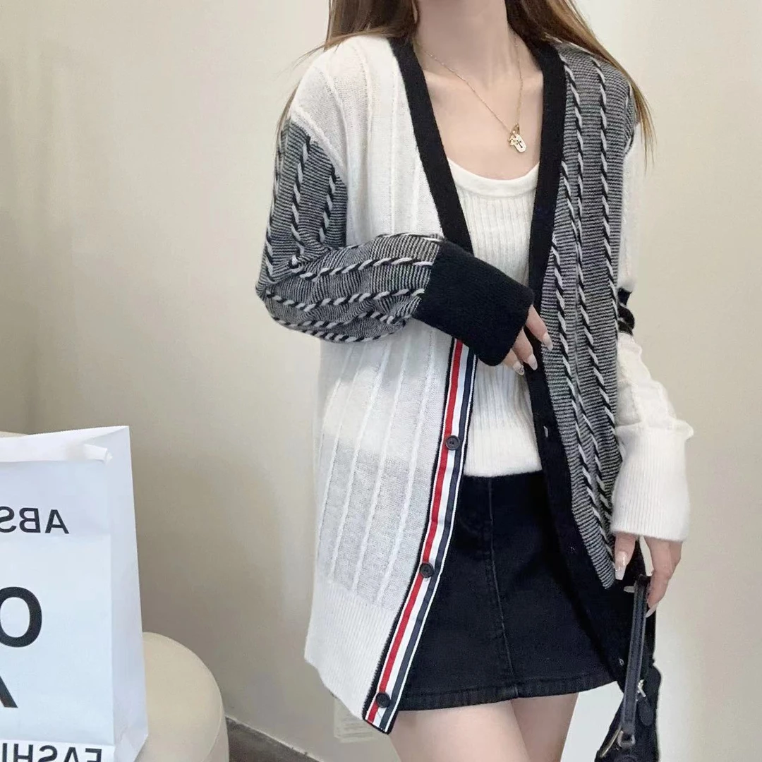 【俩月羊绒】轻奢240885-100羊绒甜美韩系拼色条纹针织开衫