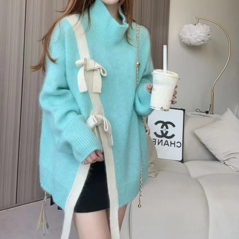 【盐系穿搭必备】240761半高领蝴蝶结款羊绒衫下摆开叉小众设计师款