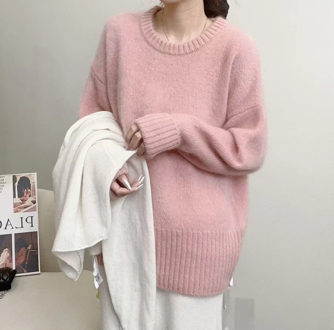【俩月羊绒】拉绒工艺241937-100羊绒经典时尚款百搭圆领针织套头衫