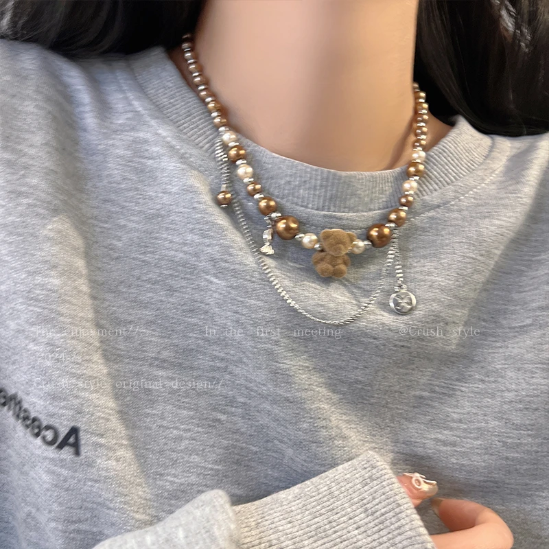 钛钢仿珍珠项链 甜酷贝珠植绒小熊卫衣链女可爱轻奢小众配饰YV624