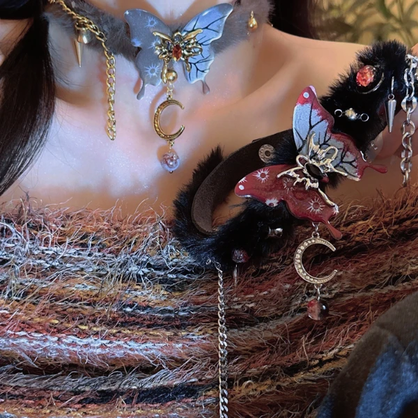 铜合金布艺项链 choker蝴蝶吊坠项圈朋克ins颈链百搭重工y2k饰品