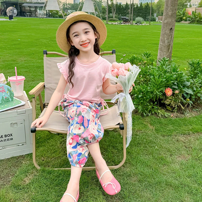 女童夏装套装2025新款洋气儿童防蚊裤夏季女孩飞袖上衣裤子两件套