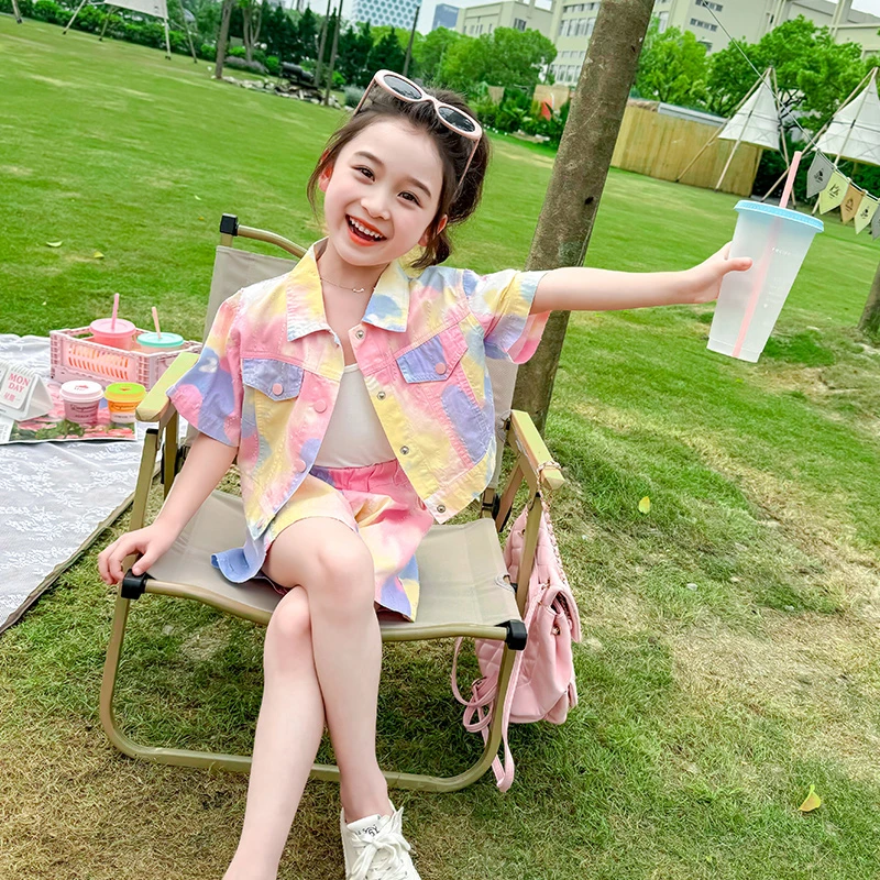 女童夏季扎染短裤套装儿童短袖上衣2024新款女孩洋气夏装两件套潮