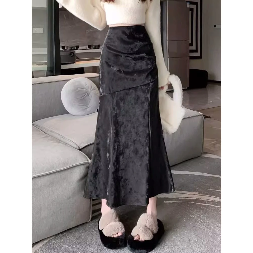 丝绒半身裙秋冬天配毛衣新中式女装中国风提花鱼尾长裙显瘦半身裙