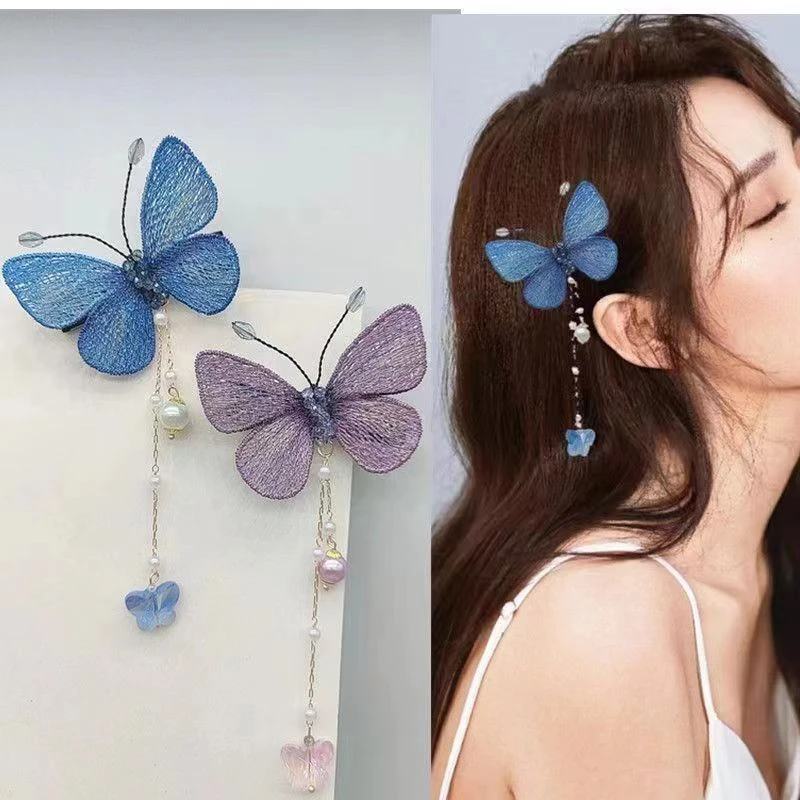 气质韩国高端刺绣蝴蝶流苏超仙优雅头饰发卡发饰边卡侧卡鸭嘴夹