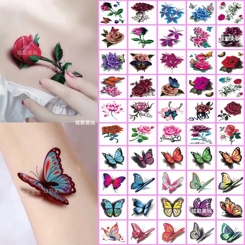 纹身贴纸般若玫瑰花蝴蝶3d立体款仿真锁骨手腕