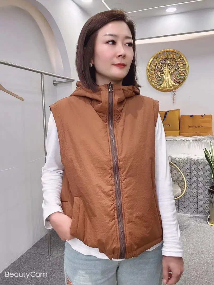 【双面穿】新款连帽撞色坎肩百搭轻薄加棉拉链女马甲096