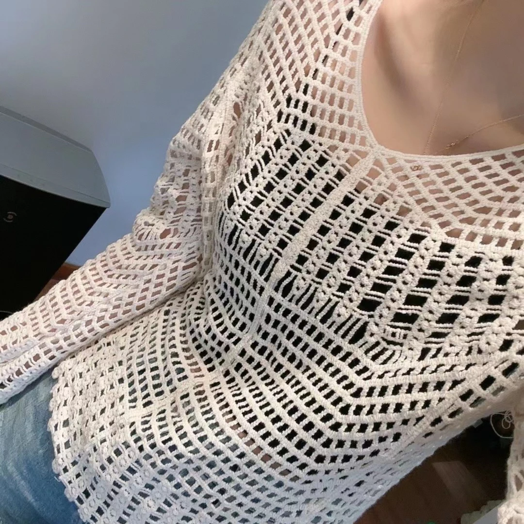 法式慵懒风罩衫上衣薄款镂空针织衫