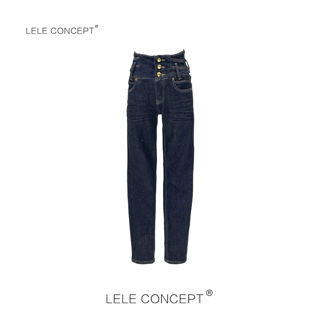 LELE CONCEPT｜「如一」三粒扣高腰鱼骨感牛仔百搭两色小脚裤K0289