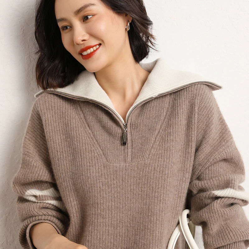 山羊绒衫女半拉链翻领拼色针织衫学院风套头慵懒时尚毛衣