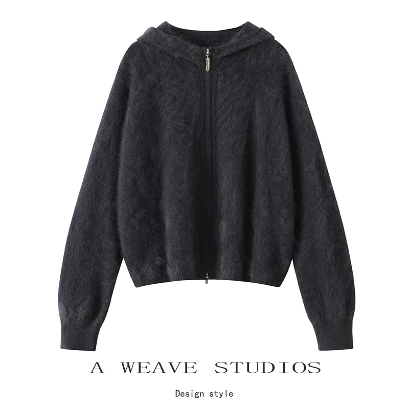 100%山羊绒拉绒秋冬新款宽松气质休闲时尚百搭双拉链帽子衫