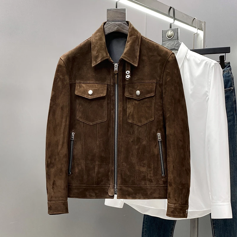 “性感总裁 凡戴克棕” 翻毛小羊皮牛仔夹克皮衣男士真皮外套