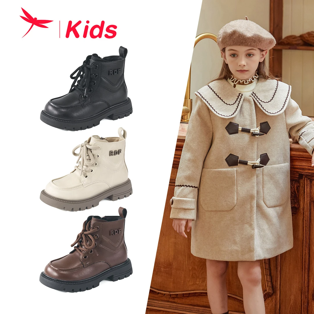 红蜻蜓女童儿童短靴冬季款英伦风复古靴软底时尚百搭加绒保暖靴