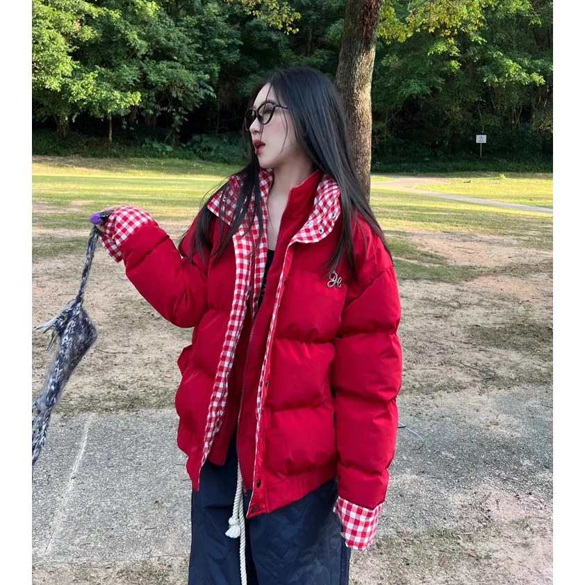 美式格子拼接红色保暖棉服冬季外套女2024新款宽松加厚设计感棉衣