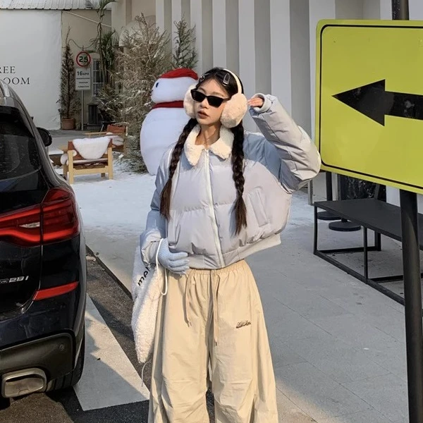 美式蓝色毛领短款棉服女冬装外套2024新款韩版显瘦百搭面包服棉袄