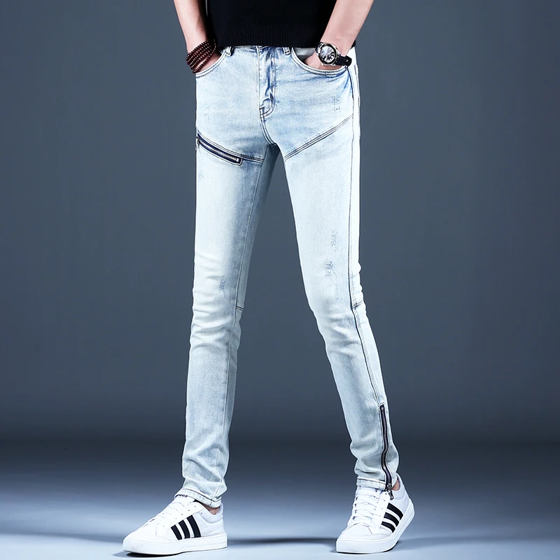 夏季新款潮流拉链牛仔裤男款小脚修身美式高街长裤复古裤子男机车