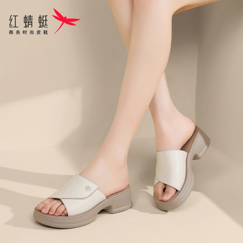 红蜻蜓拖鞋女夏季软底坡跟一字拖新款防滑真皮厚底时尚百搭凉鞋