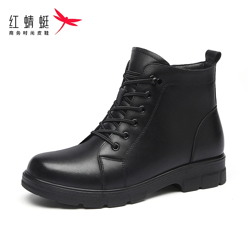 红蜻蜓马丁靴女黑色加绒马丁靴软底时尚瘦瘦靴秋冬厚底保暖女短靴