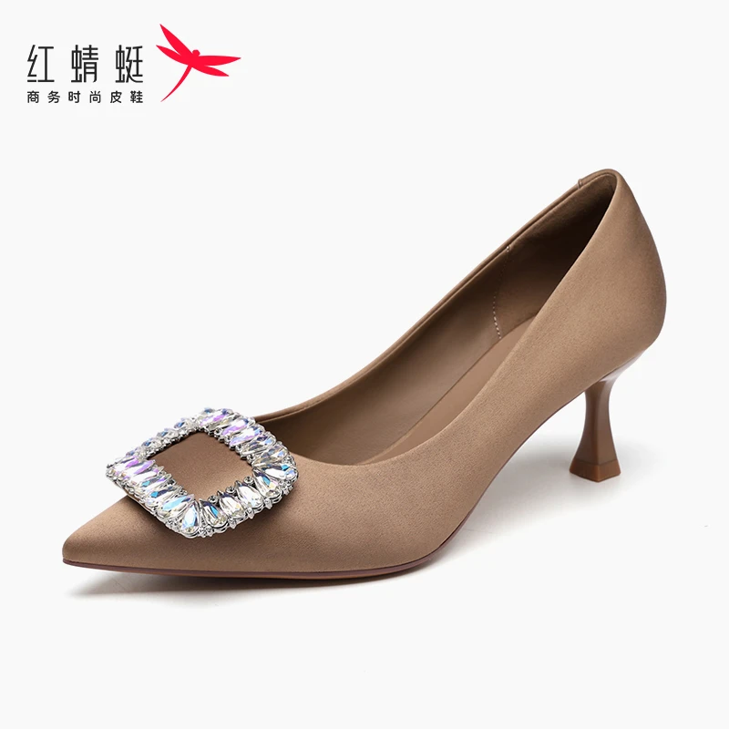 红蜻蜓高跟鞋女2025秋季新款细跟水钻尖头浅口单鞋职业通勤工作鞋