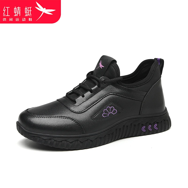 红蜻蜓女鞋软底秋冬女短靴中年棉靴真皮加绒保暖妈妈鞋大棉鞋