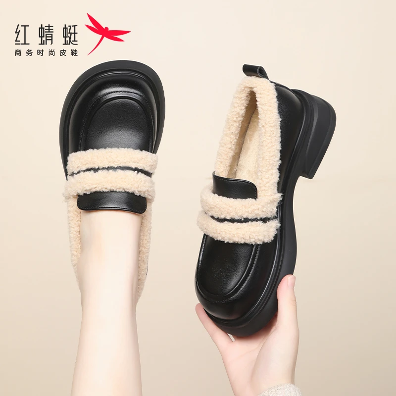 红蜻蜓女鞋秋冬季保暖棉鞋法式单鞋妈妈鞋加绒乐福鞋 WTB443311D