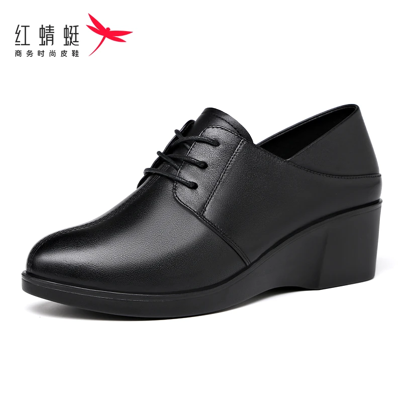 红蜻蜓女鞋妈妈鞋皮鞋秋秋舒适时尚休闲黑色真皮软底商务中老年