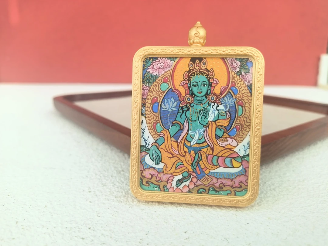 铜合金布艺吊坠 【菩缘藏饰】绿度母手绘矿物颜料唐卡吊坠