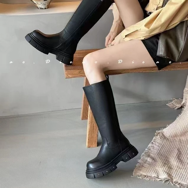 20243公分圆底一脚蹬不过膝靴纯皮显瘦长筒靴时尚百搭厚底