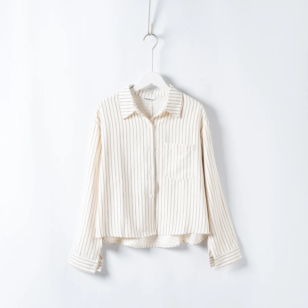 Q1141设计感肌理拼接条纹叠穿显瘦休闲宽松衬衫