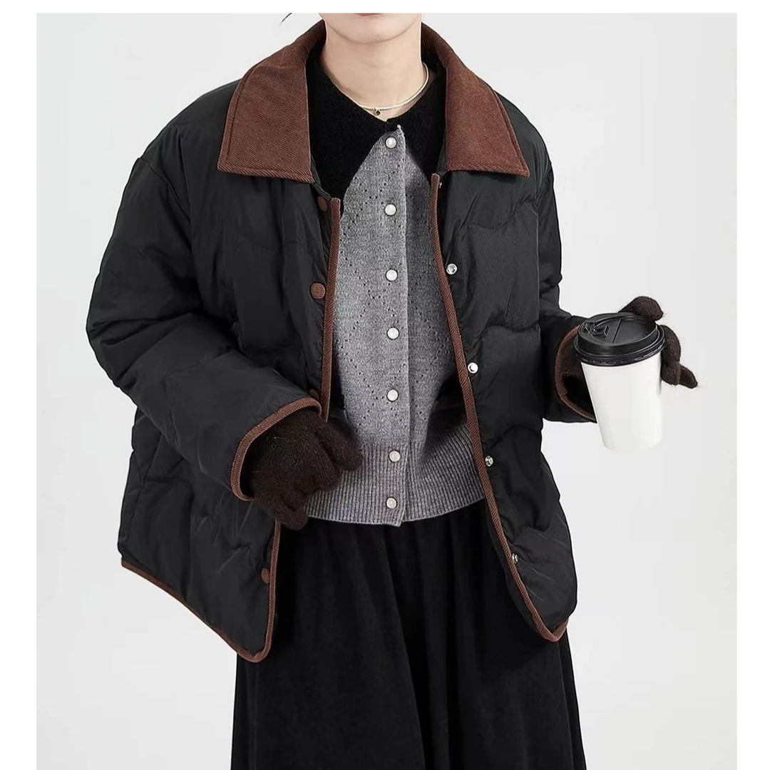 Q1471高端松弛设计感拼色翻领洋气小香风羽绒服