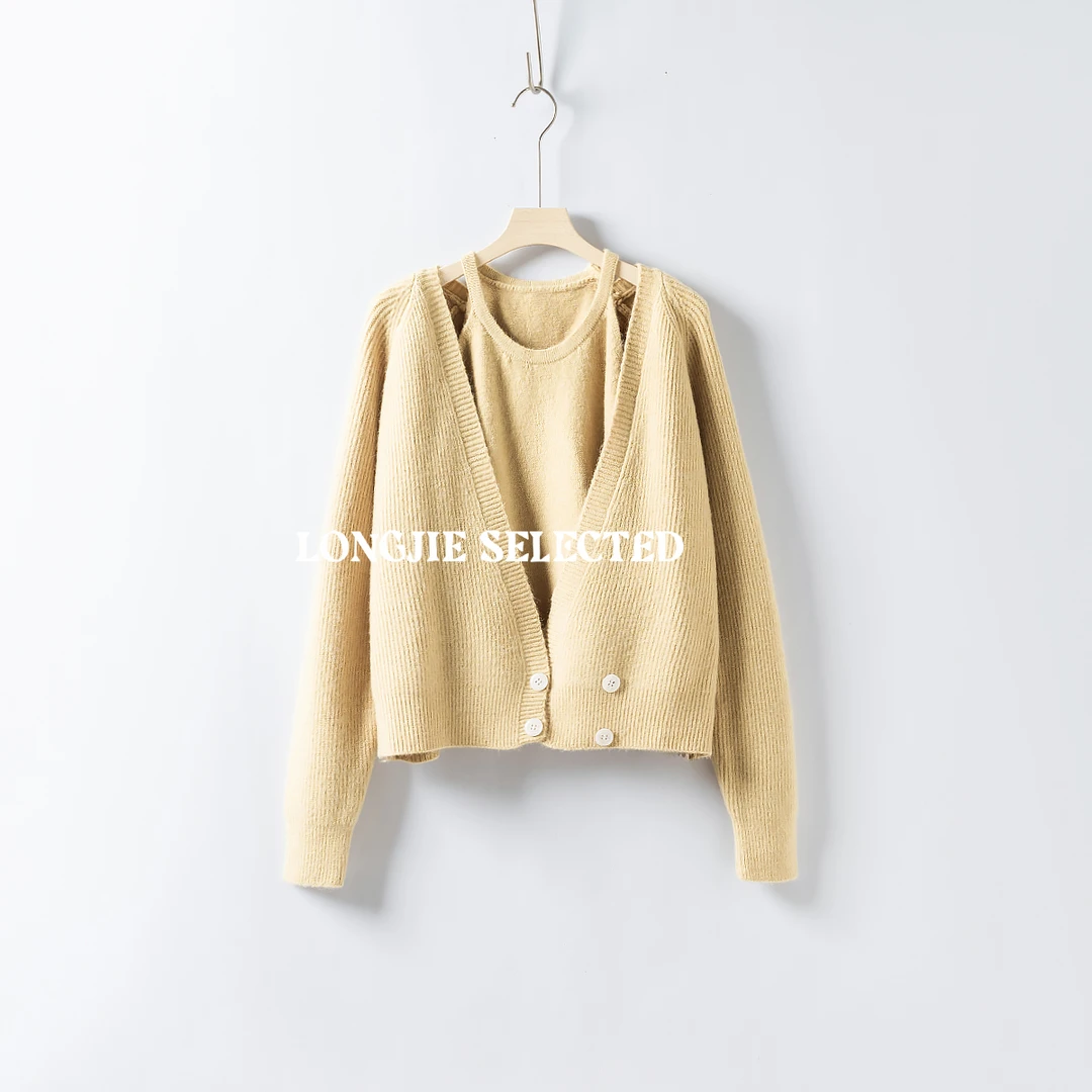 N1831 秋冬两粒扣V领针织衫设计感挂脖吊带两件套