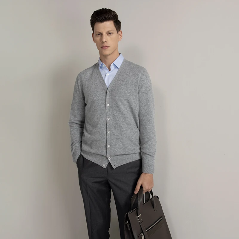 【红领】秋冬男士100%羊绒衫休闲百搭简约修身纯色羊绒开衫长袖保暖