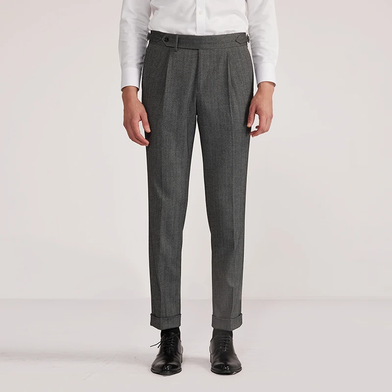 【红领】商务男士意式腰头人字纹西裤职业装修身舒适直筒