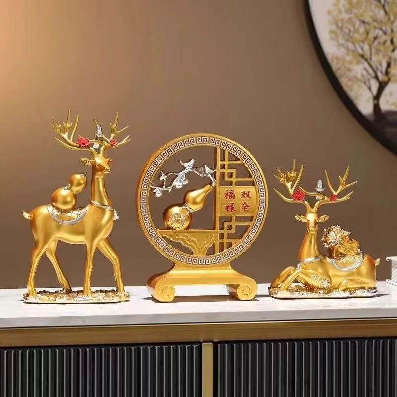 福鹿三件套中式高档摆件客厅玄关酒柜电视柜家居装饰乔迁搬家礼物