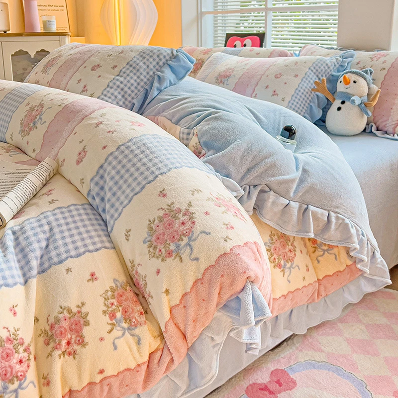 冬季保暖荷叶花边高克重牛奶绒印花四件套加绒加厚款床品套件