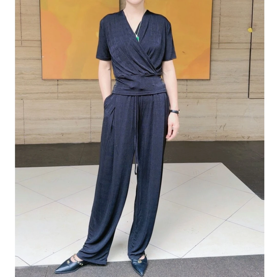 9031-1套装显瘦高腰时尚休闲阔腿裤子冰丝套装