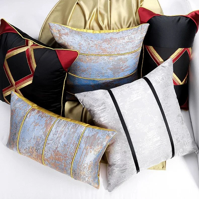 现代客厅沙发抱枕套靠垫轻奢卧室床头靠枕腰枕套含芯黑色绸缎软包