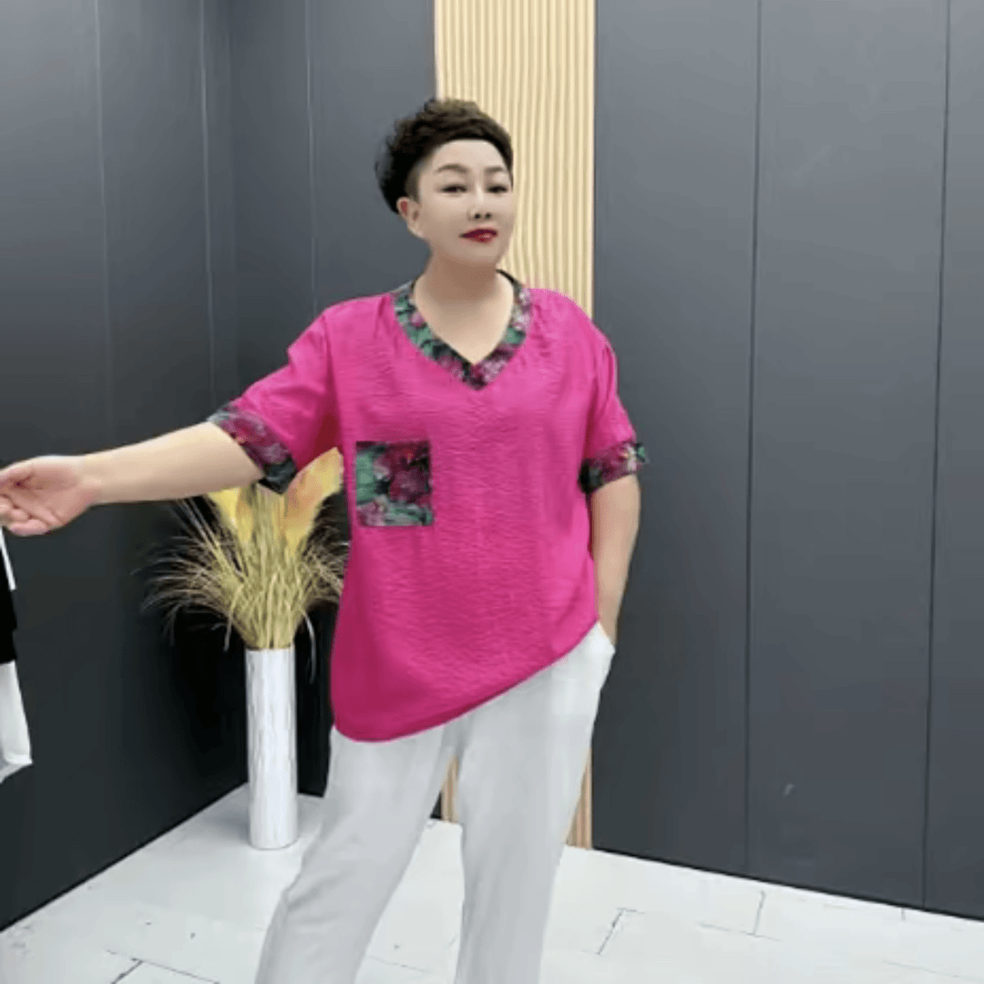 886新款V领拼接撞色半袖衫BBWY