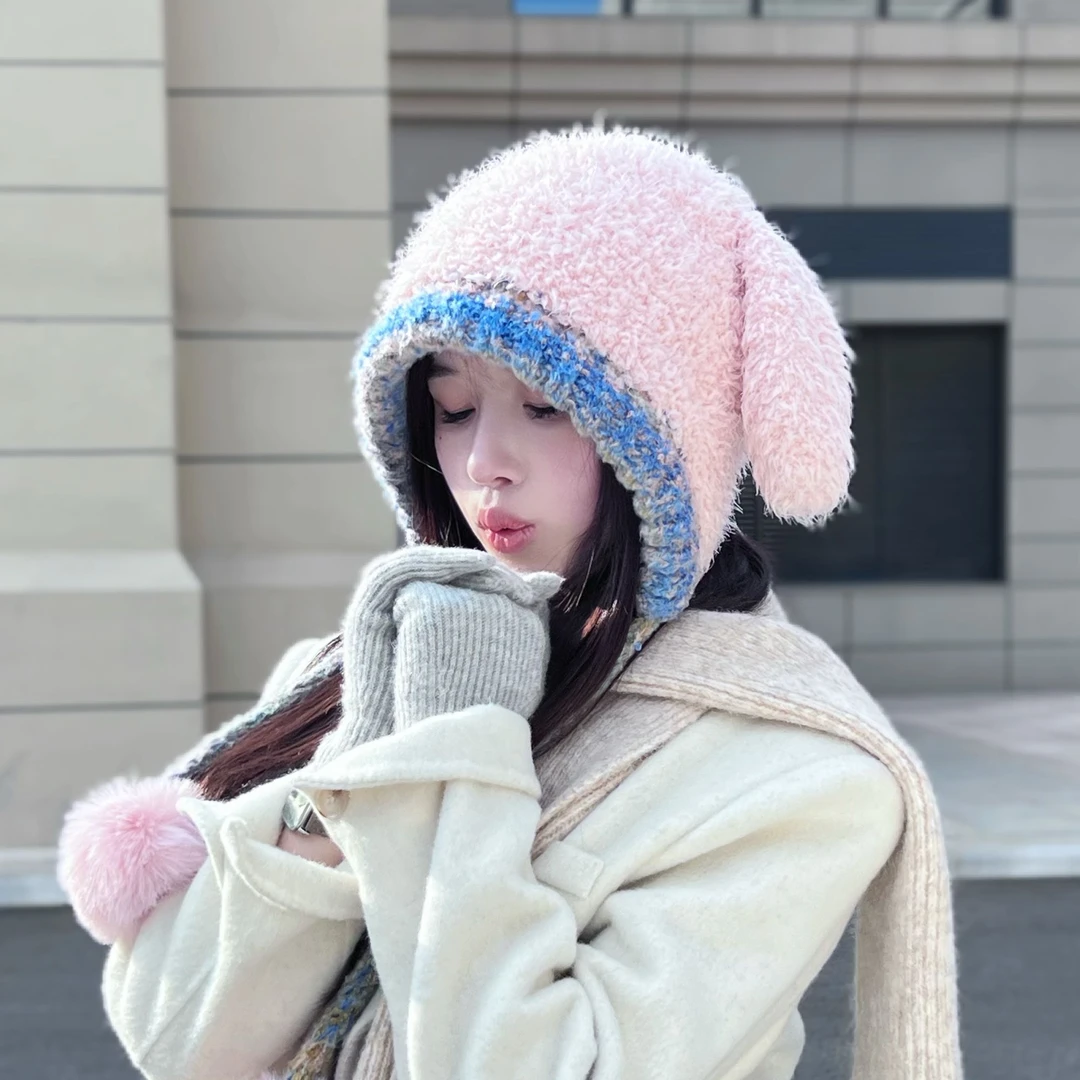 显脸小新年帽子女冬季毛绒加厚骑车可爱兔子耳朵毛毛帽子大头大脸
