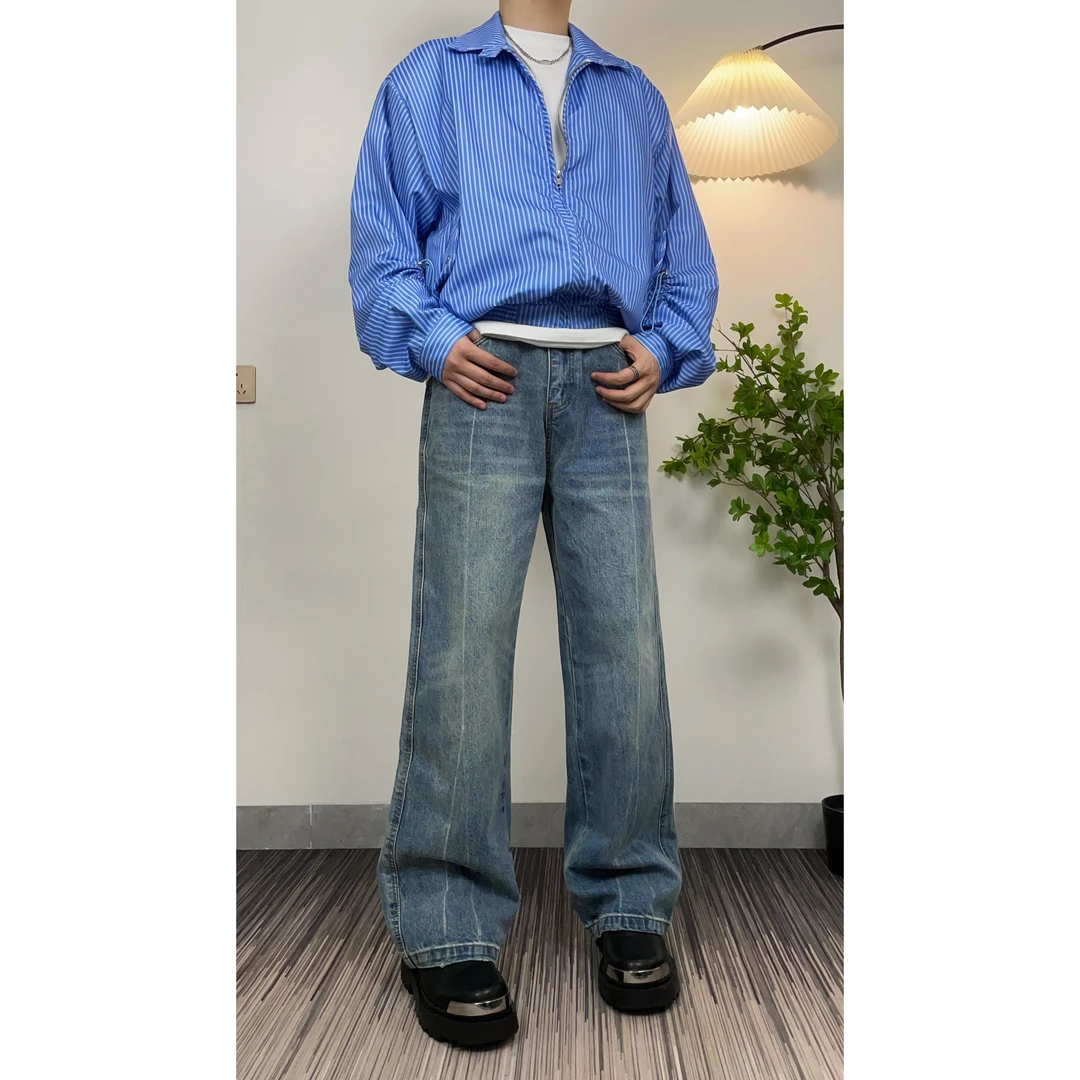 【水洗蓝牛】cleanfit浅色水洗高街牛仔裤男潮牌美式宽松直筒阔腿
