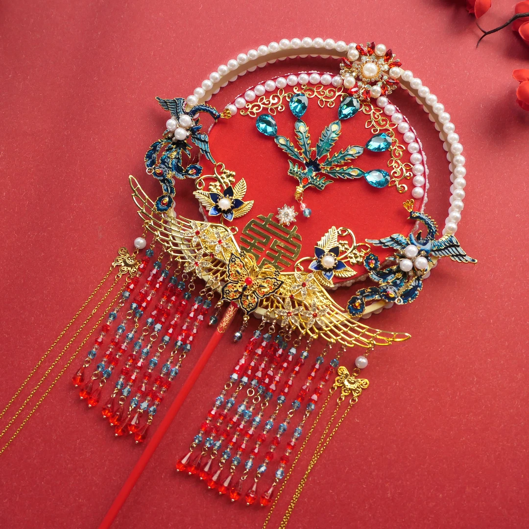 铁合金仿珍珠婚庆饰品 中式婚礼手捧花新娘汉服结婚扇子材料包