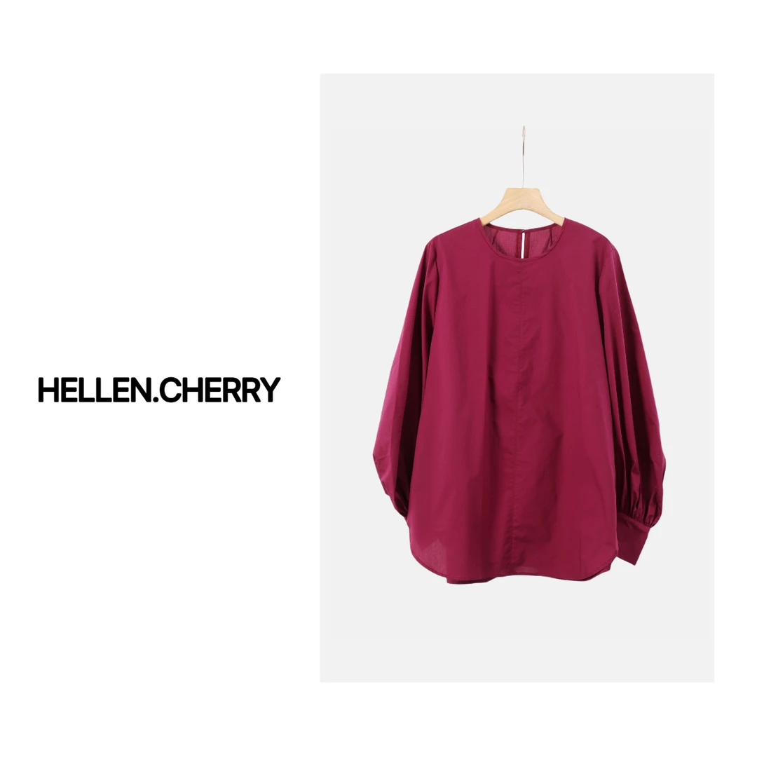 HELLEN.CHERRY极简圆领灯笼袖显瘦衬衫百搭宽松上衣纯色