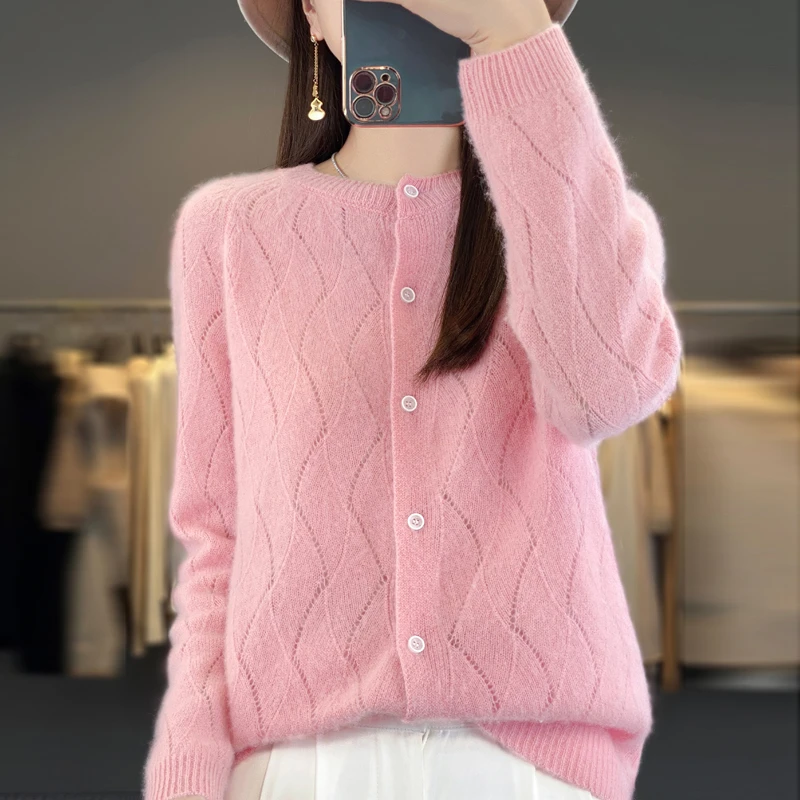 圆领镂空宽松外穿针织打底衫女2024春夏新款100%羊毛百搭时尚开衫