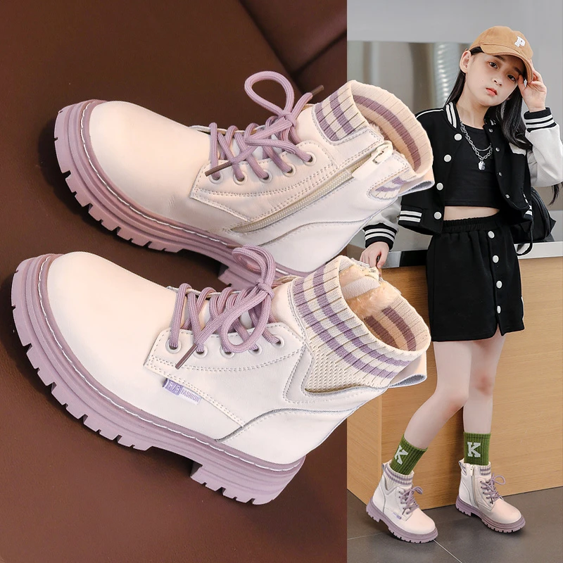 女童马丁靴加绒百搭中大童秋冬季公主风小女孩儿童短靴高帮二棉鞋