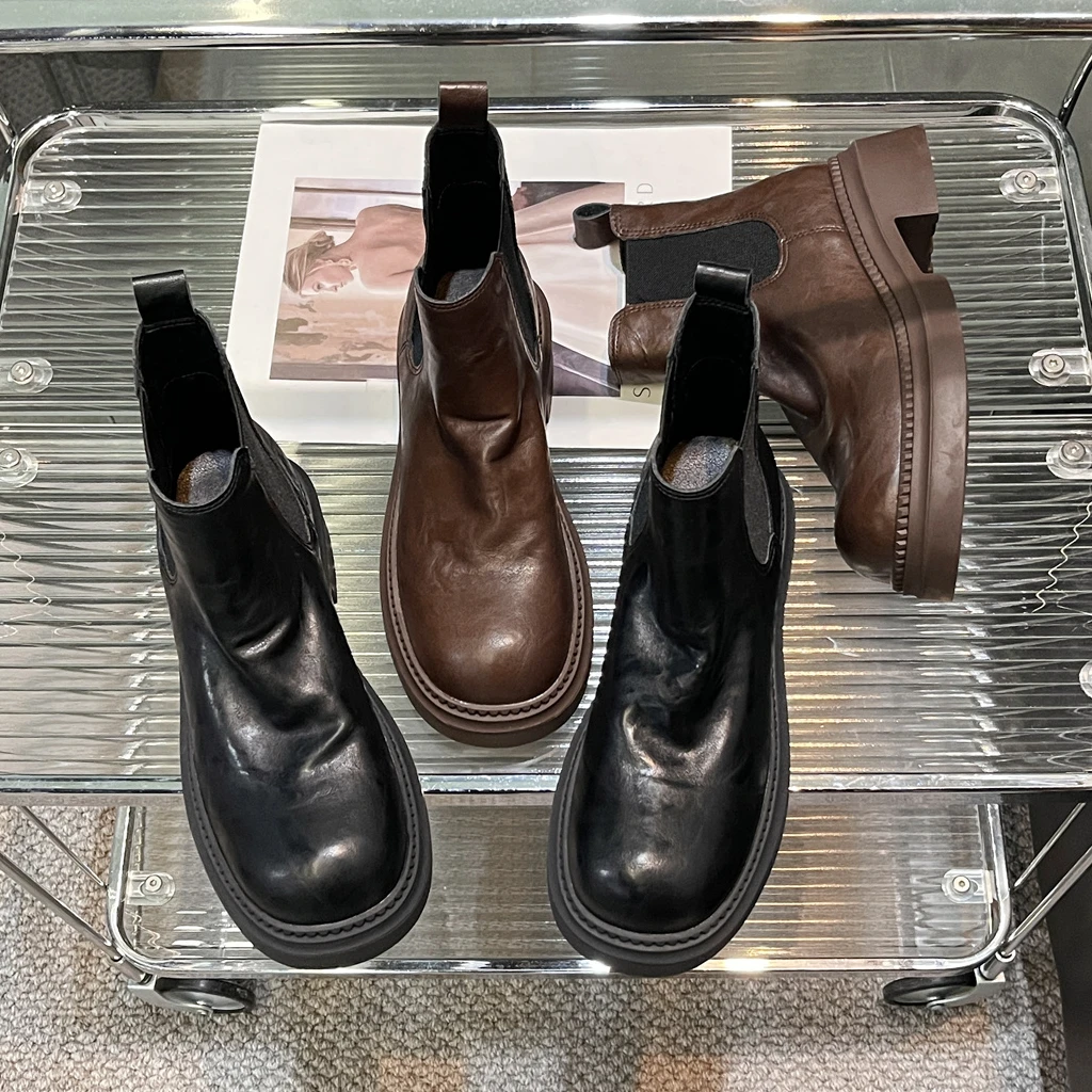CZ7069真皮复古圆头马丁靴女2024冬季新款粗跟百搭英伦风切尔西