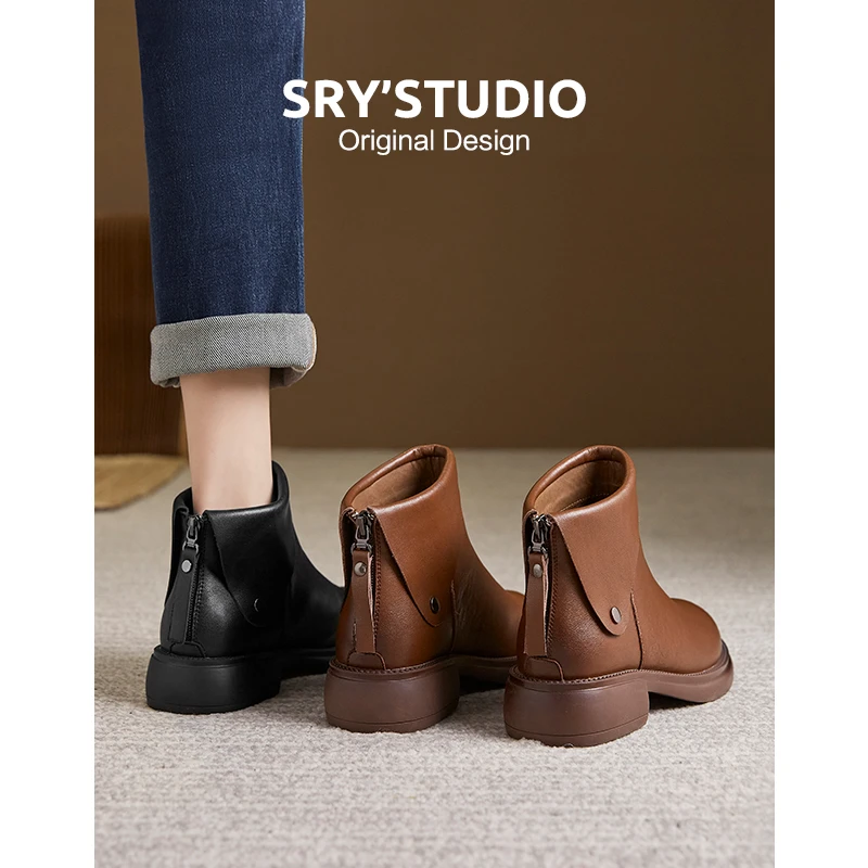 K0852牛皮软底防滑复古马丁靴2024秋季英伦风黑色短靴百搭瘦瘦靴